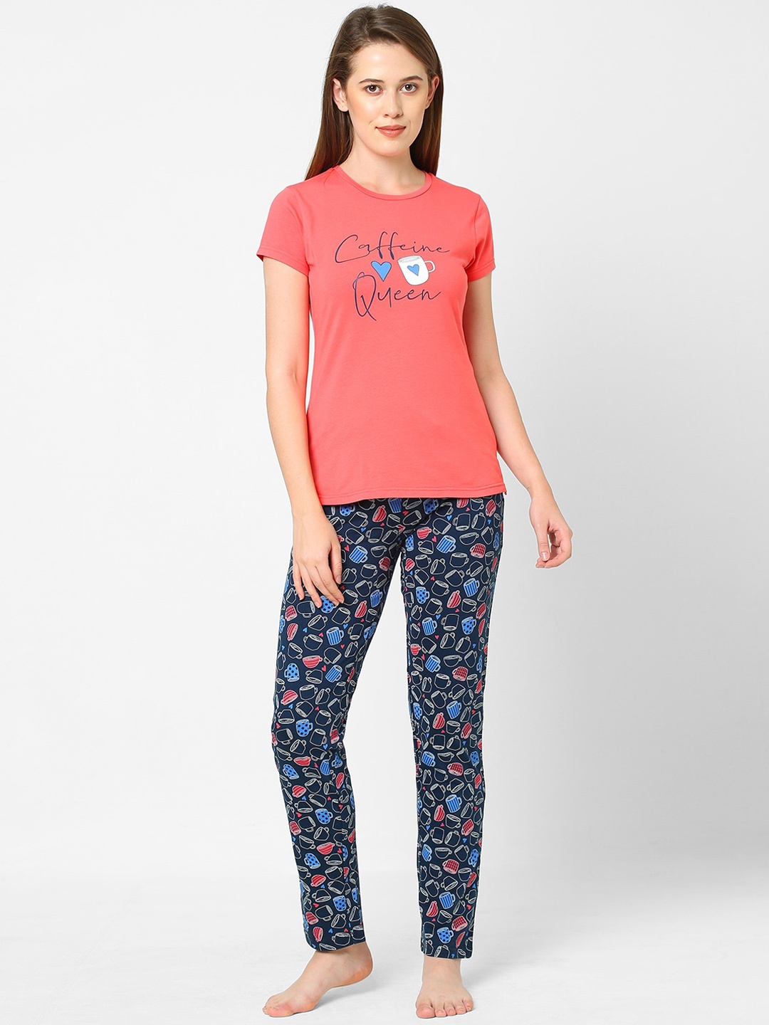 

Sweet Dreams Women Coral Red & Navy Blue Printed Night Suit