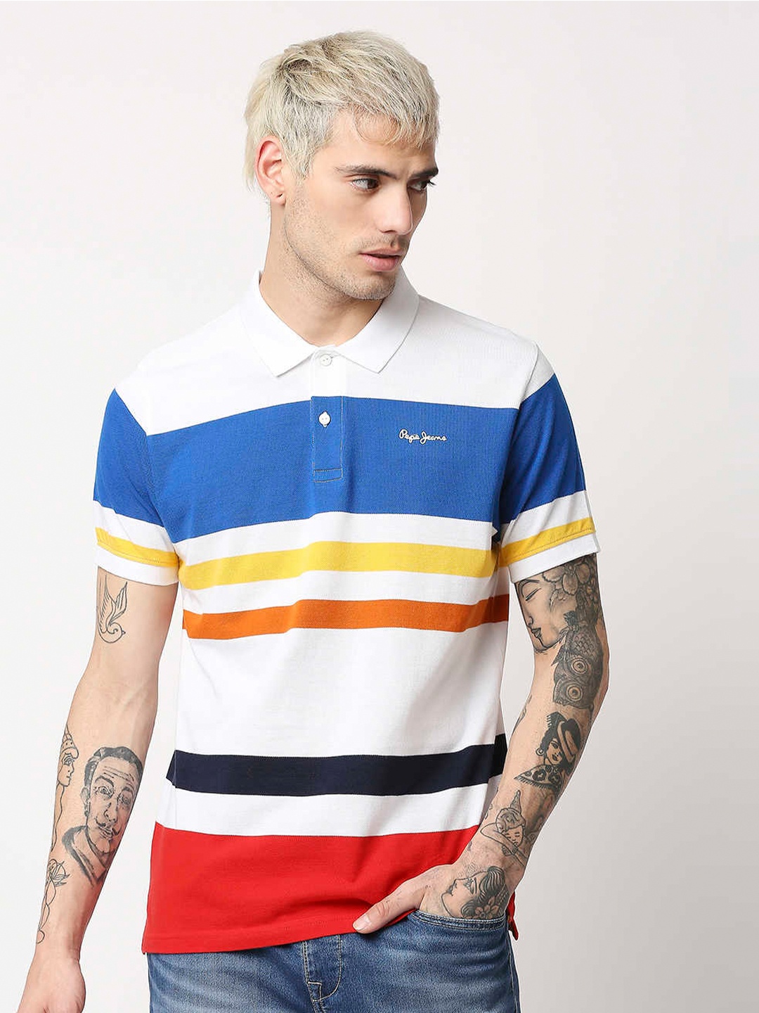 

Pepe Jeans Men Multicoloured Striped Polo Collar Cotton T-shirt, Multi
