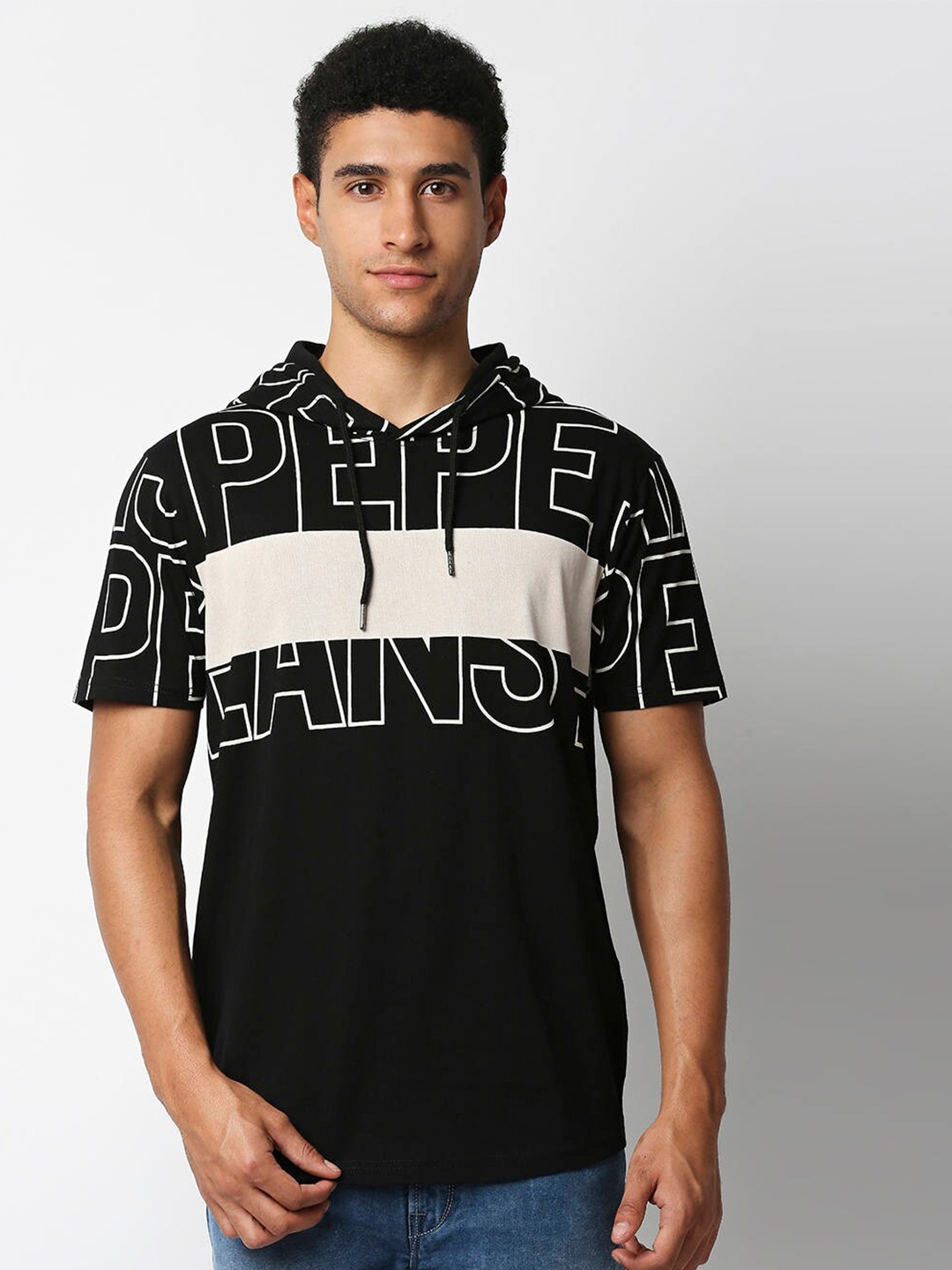 

Pepe Jeans Men Black Typography Printed Hooded T-shirt