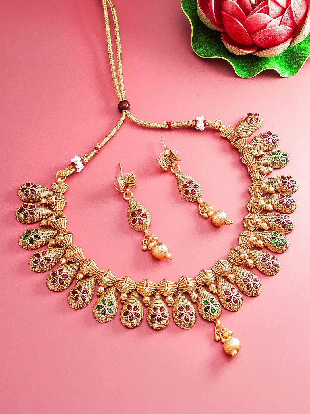 

aadita Gold Plated Temple Choker Ruby Jewellery Set