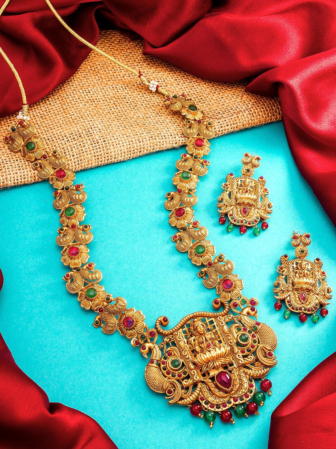 

aadita Gold-Plated Pink & Green Stone-Studded & Beaded Temple Jewellery Set