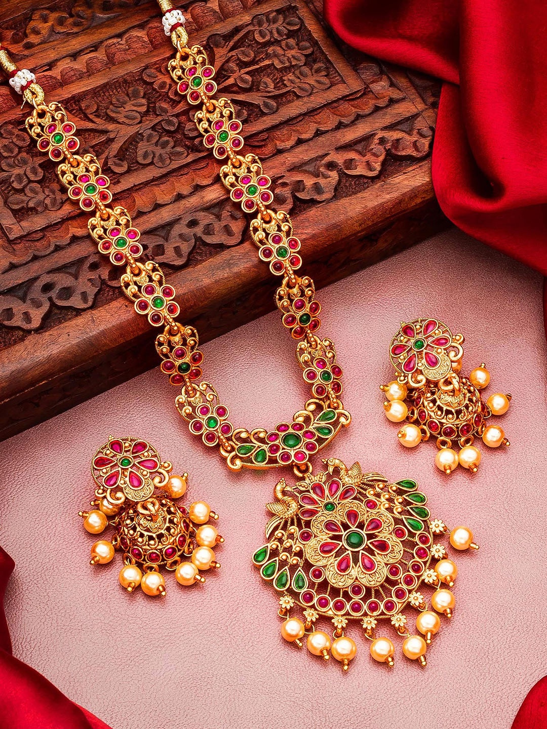 

aadita Gold-Plated Pearls Temple Jewellery Set