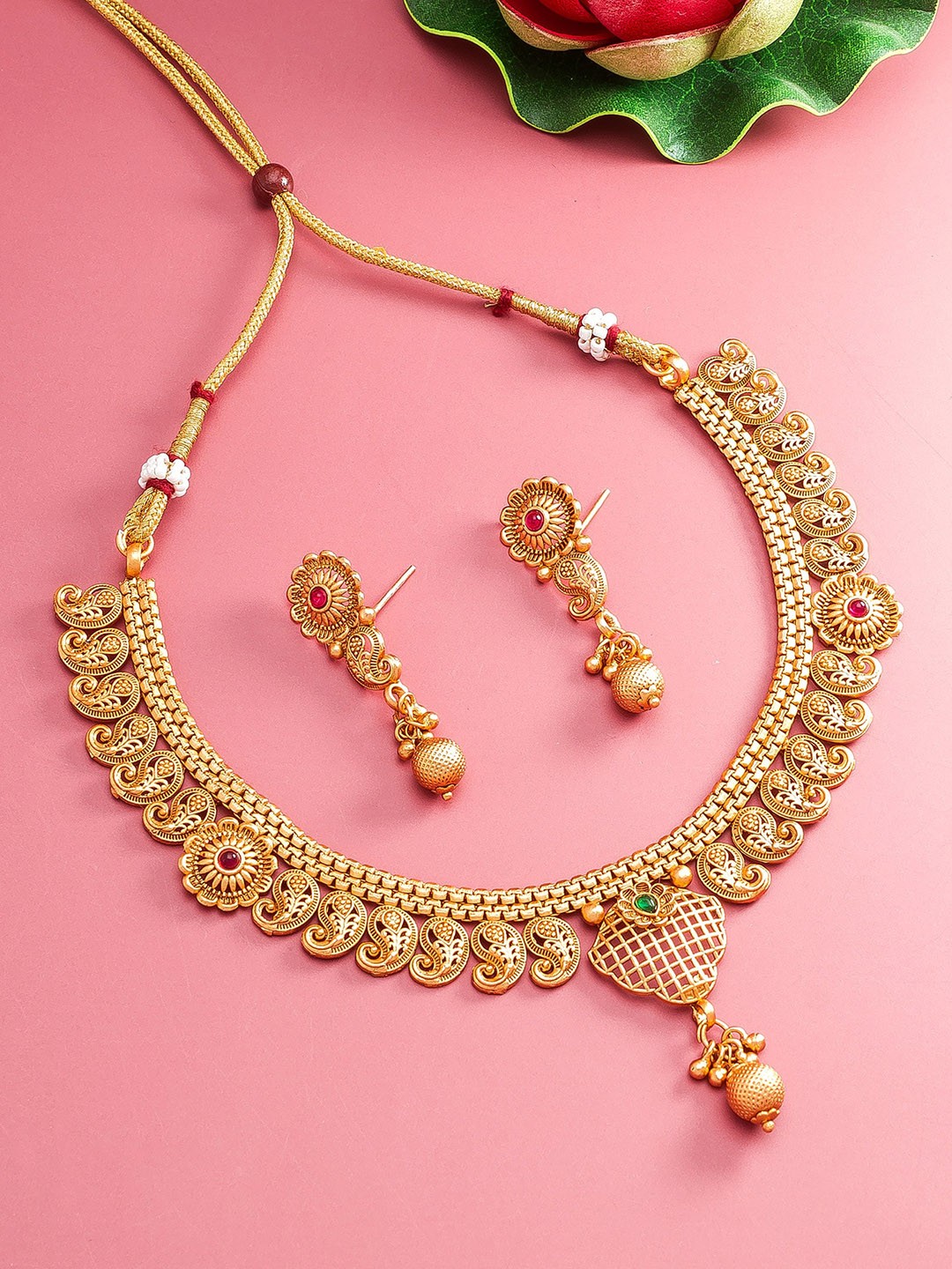

aadita Gold-Plated Temple Choker Jewellery Set