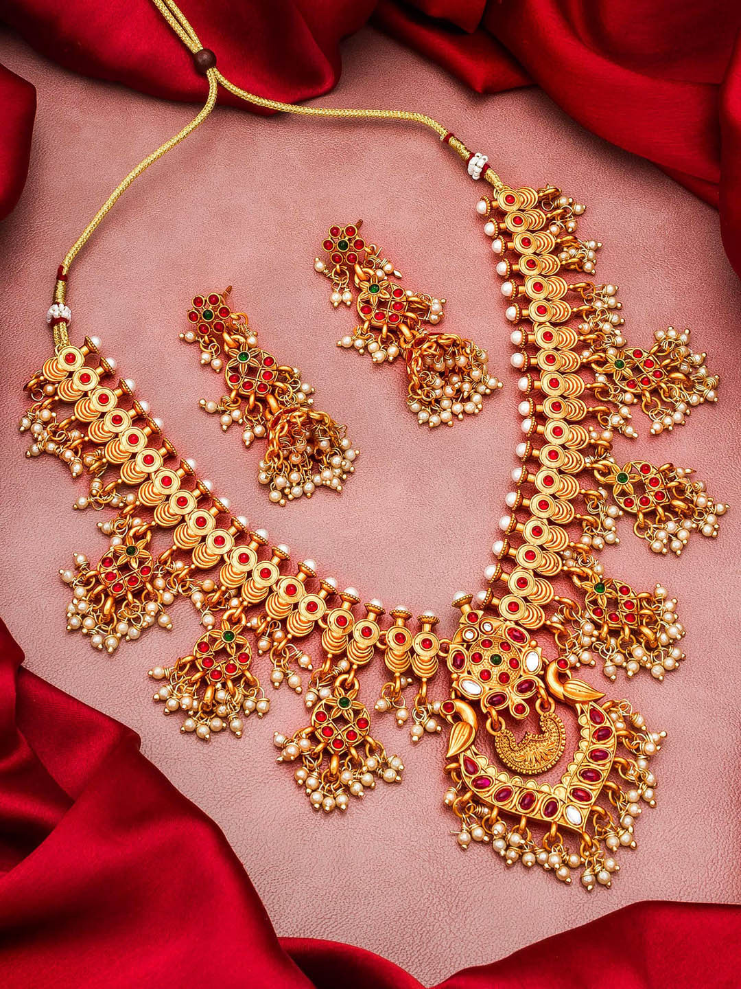 

Aadita Gold-Plated Red Studded Choker Jewellery Set