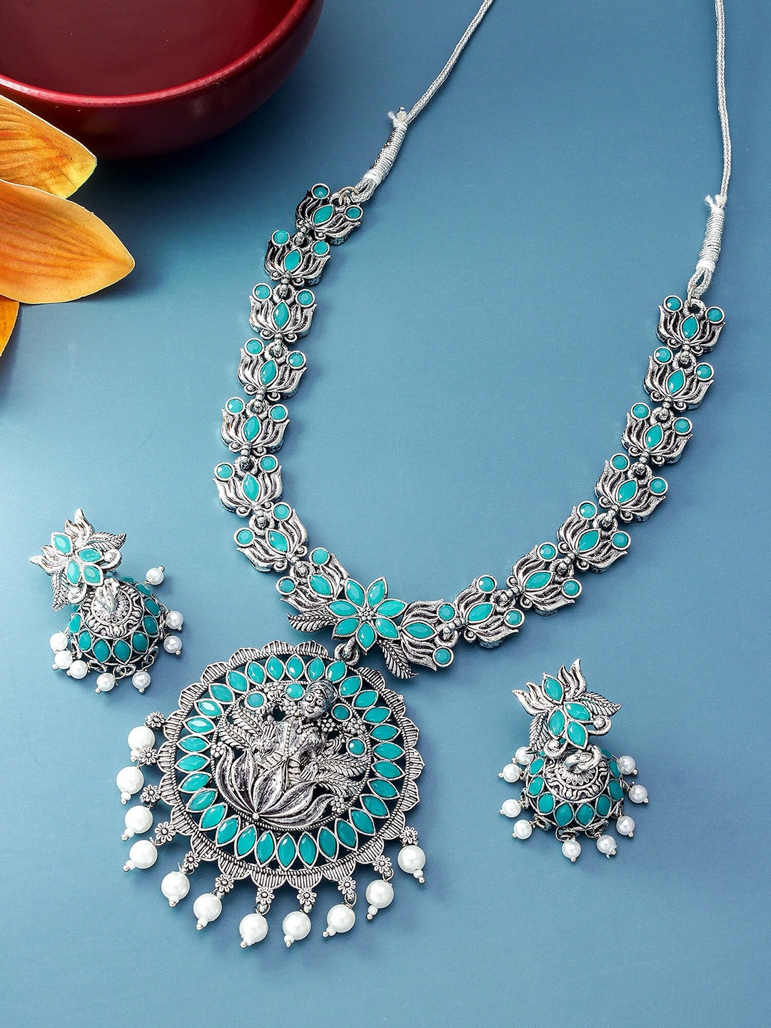 

aadita Silver Artificial Stone Studded Temple Jewellery Set