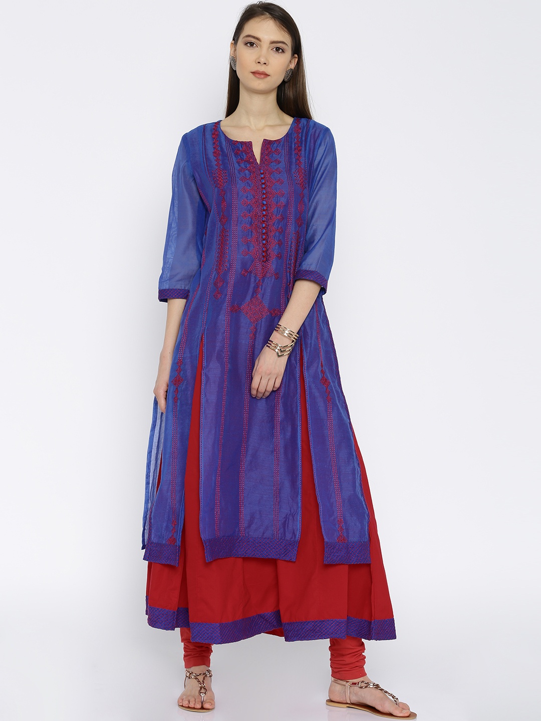 

TRISHAA BY PANTALOONS Women Blue & Red Embroidered Slim Fit A-Line Kurta
