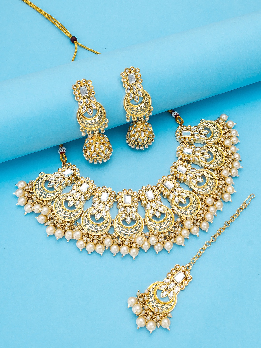 

aadita Gold-Toned Temple Pearls Choker Jewellery Set with Mang Tika