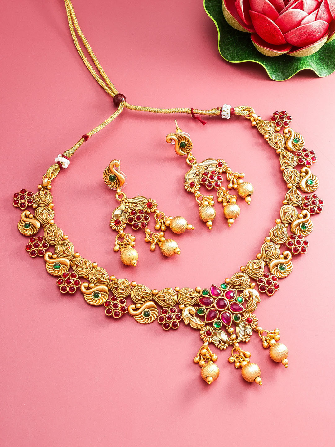 

aadita Gold Plated & Green Studded Choker Jewellery Set