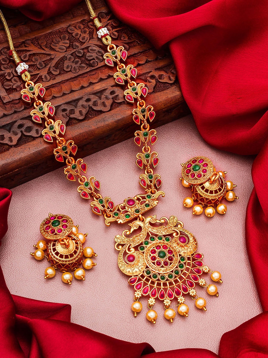 

aadita Gold-Plated Pearls Temple Jewellery Set