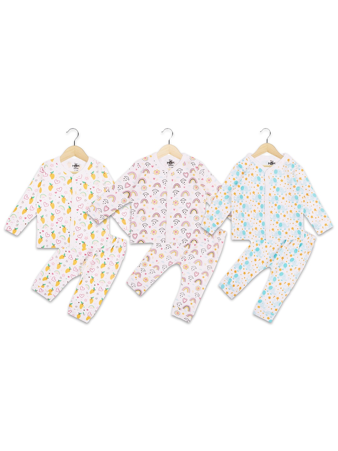 

The Mom Store Kids White & Blue Set of 3 Printed Cotton Clothing Set