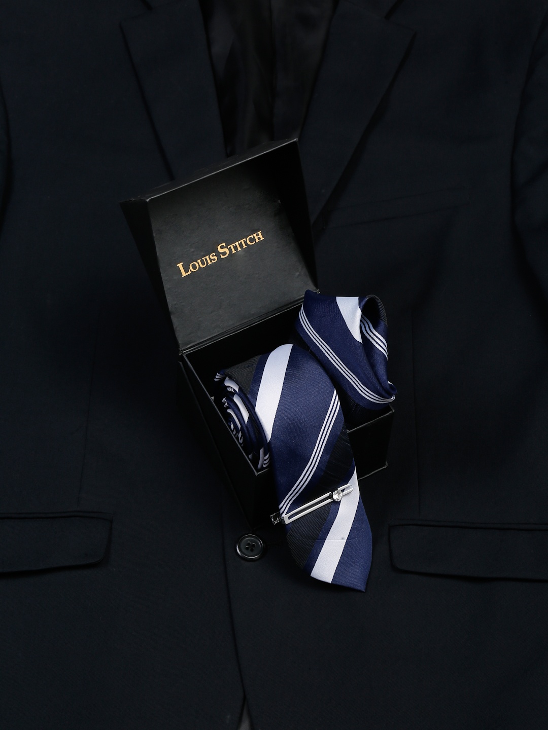 

LOUIS STITCH Men Lined Blue Stripes Italian Silk Necktie Accessory Gift Set