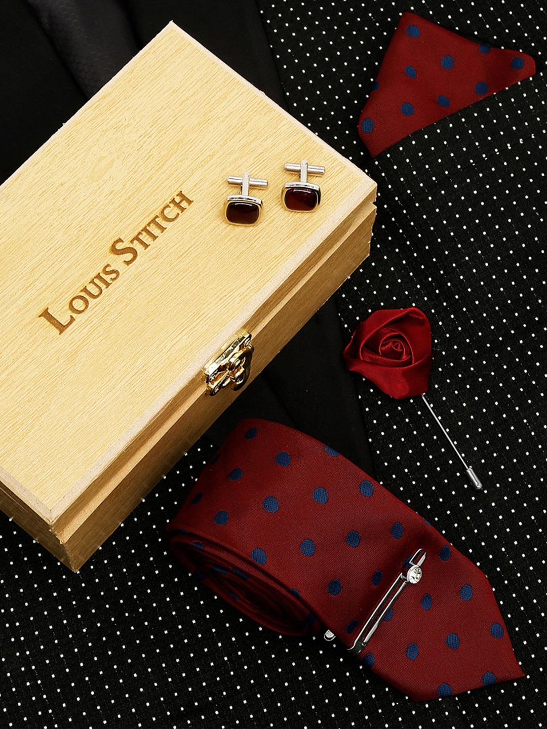 

LOUIS STITCH Men Polka Italian Silk Necktie Accessory Gift Set, Red