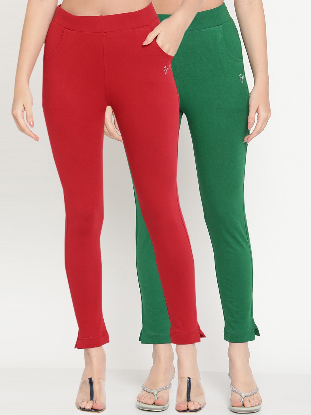 

TAG 7 Women Maroon & Green Pack Of 2 Solid Comfort-Fit Ankle-Length Leggings
