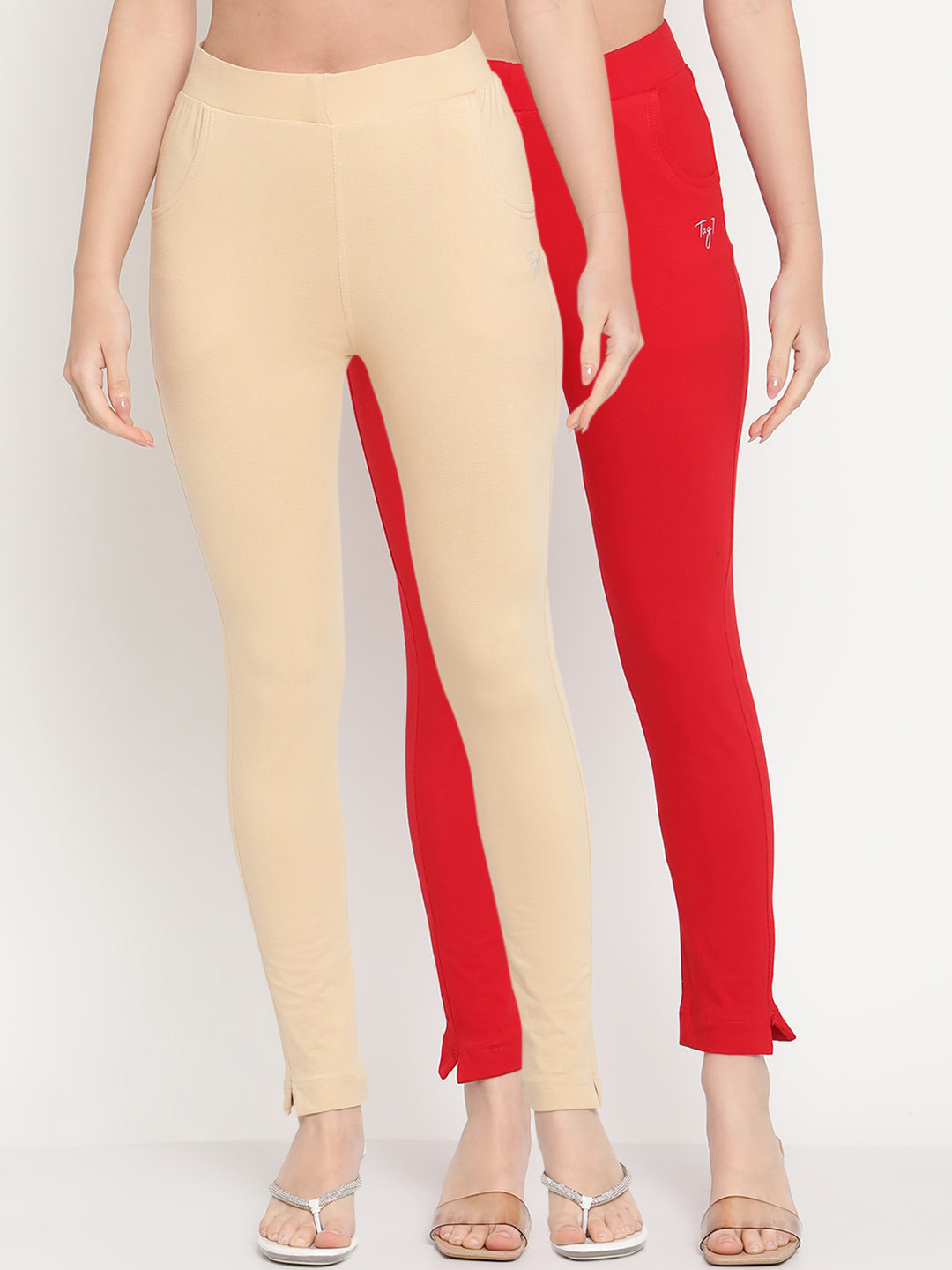 

TAG 7 Set Of 2 Beige & Red Solid Leggings