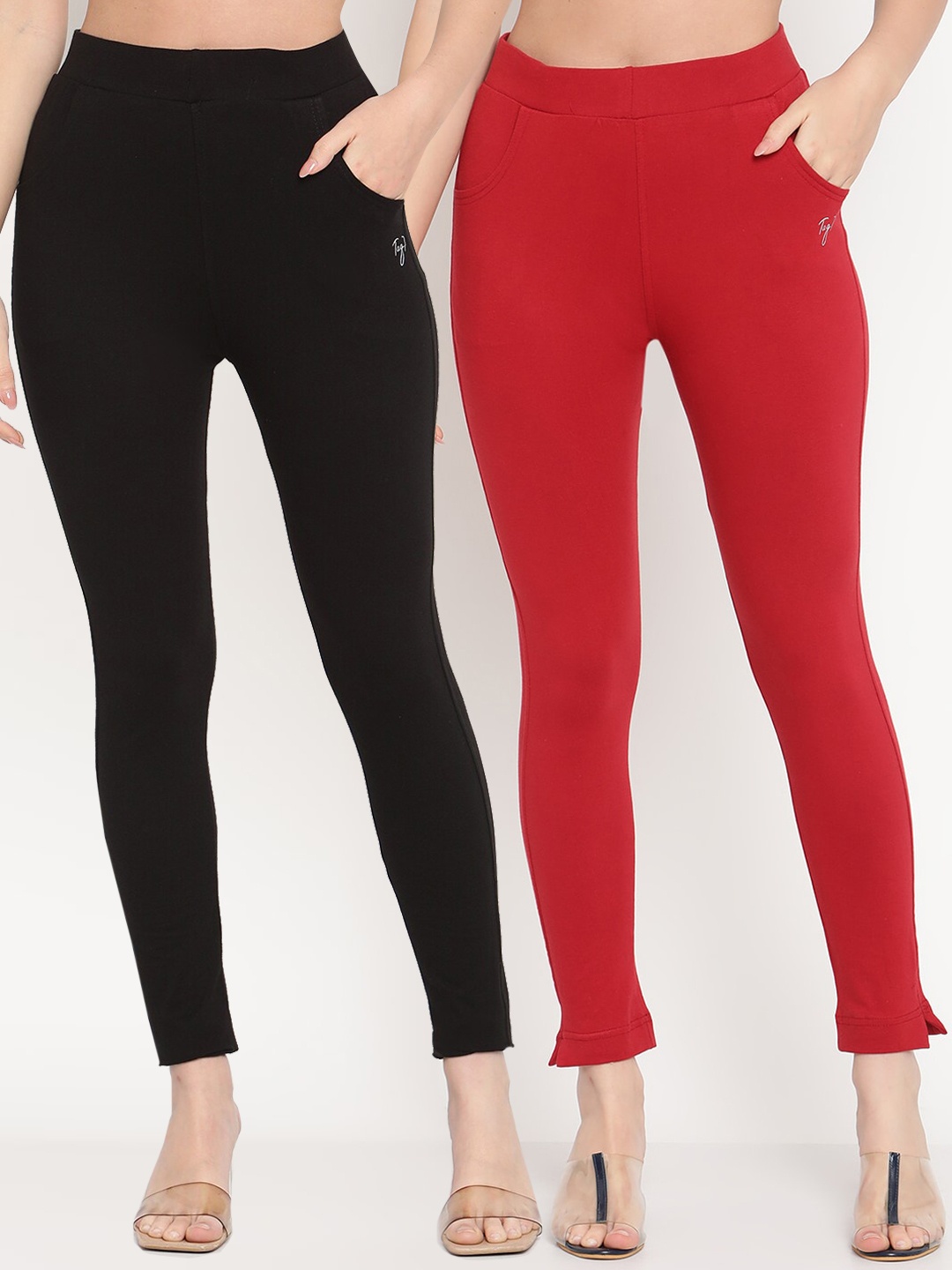 

TAG 7 Women Maroon & Black Pack of 2 Straight Fit Ankle-Length Leggings