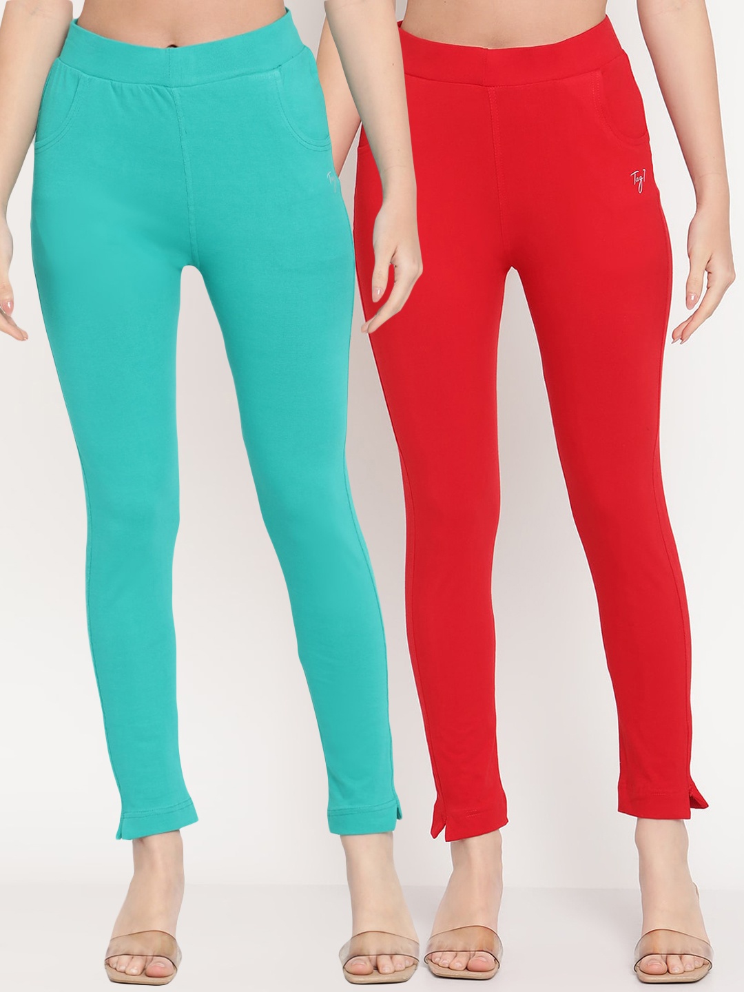 

TAG 7 Women Pack Of 2 Solid Comfort-Fit Ankle-Length Leggings, Turquoise blue