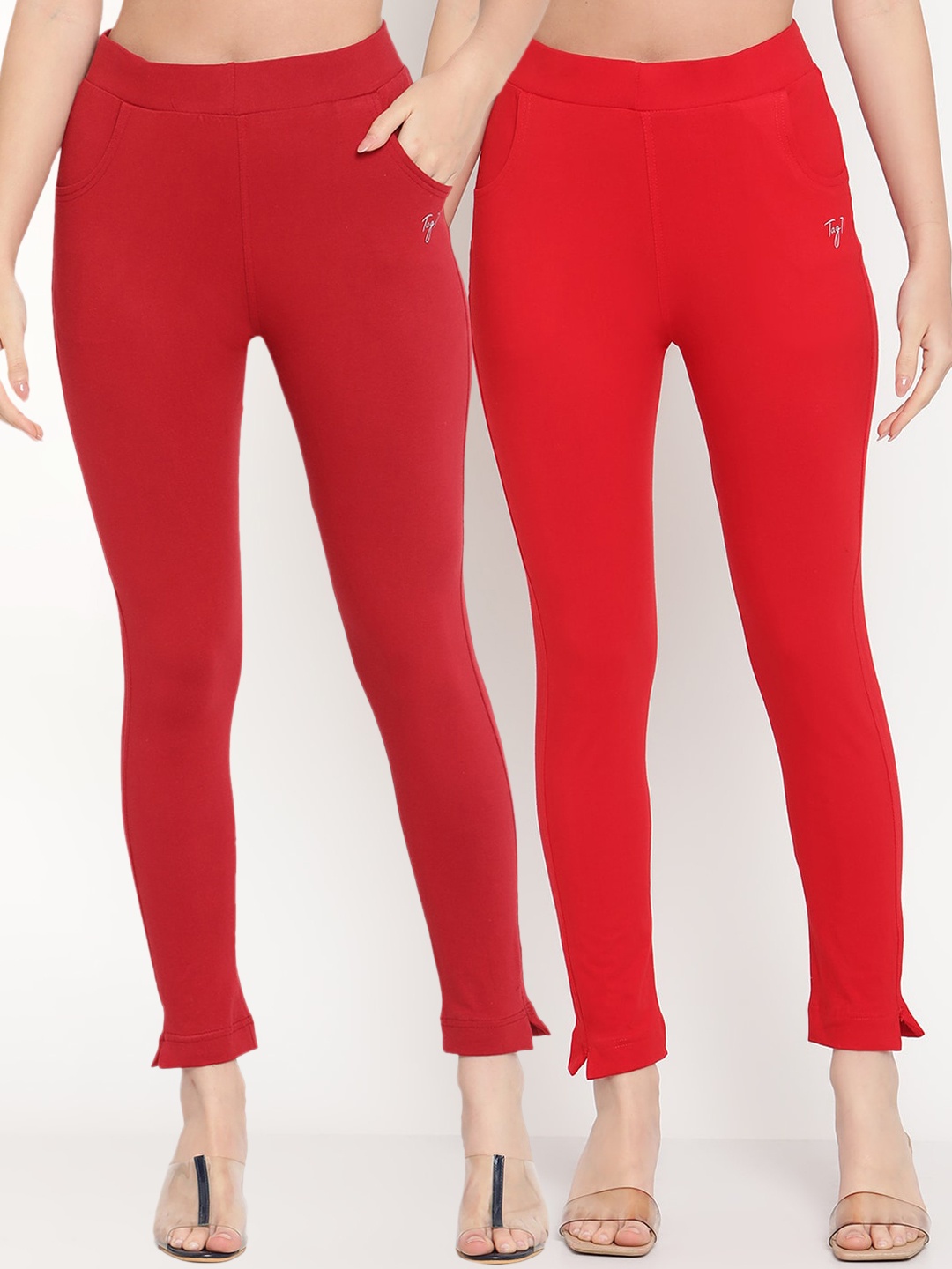 

TAG 7 Set Of 2 Maroon & Red Solid Leggings