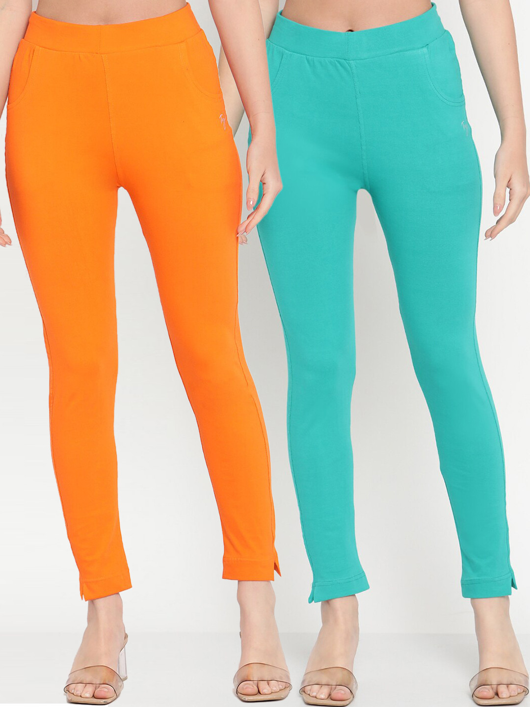 

TAG 7 Women Pack Of 2 Turquoise Blue & Orange Solid Ankle-Length Leggings