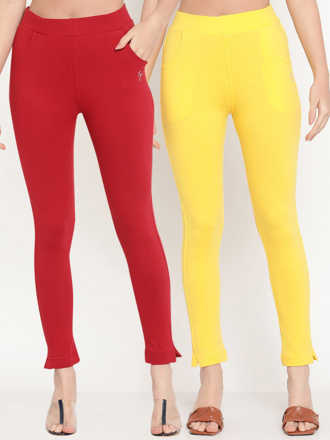 

TAG 7 Women Maroon & Yellow Pack of 2 Straight Fit Ankle-Length Leggings