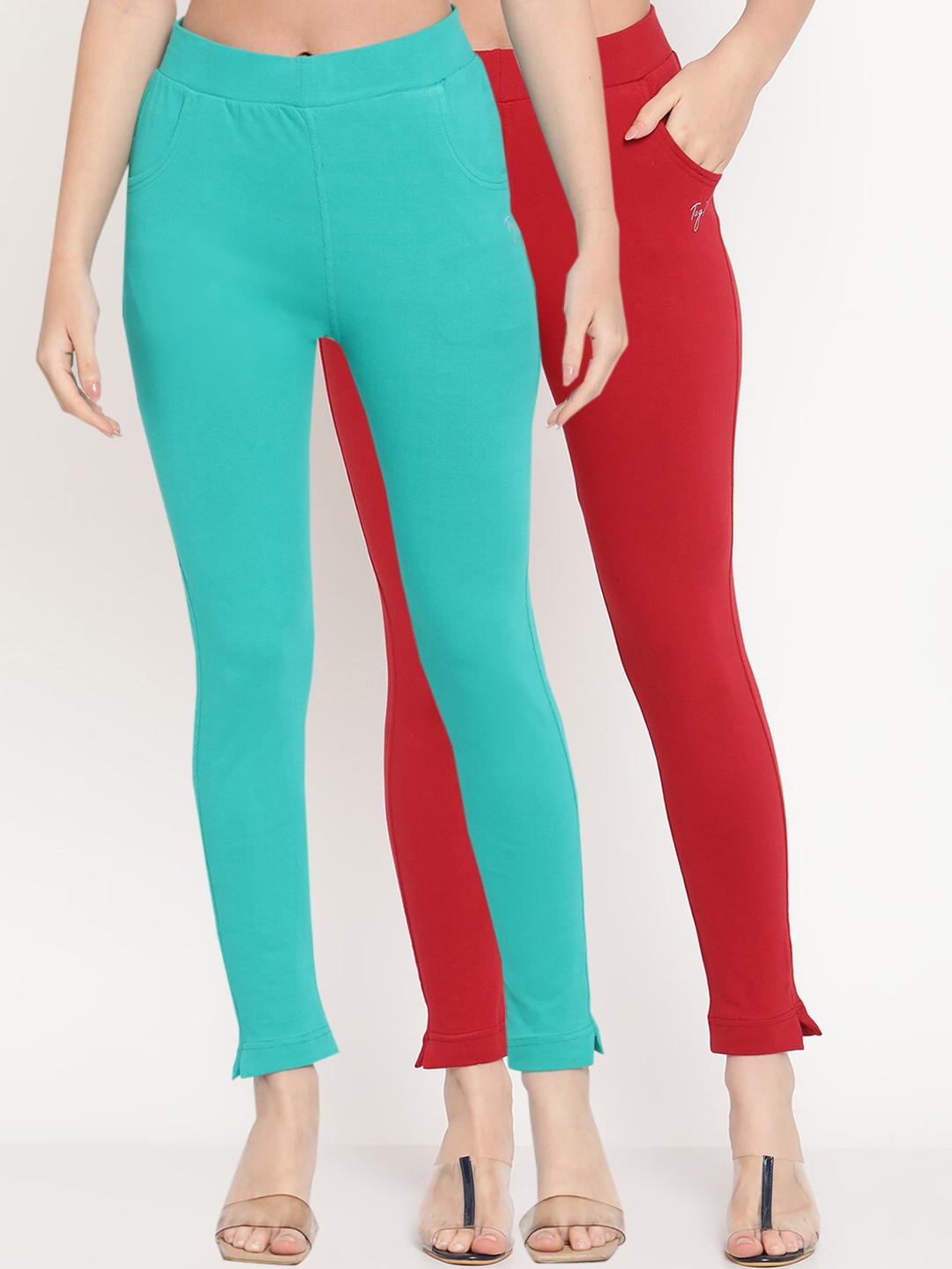 

TAG 7 Set Of 2 Turquoise Blue & Maroon Solid Leggings