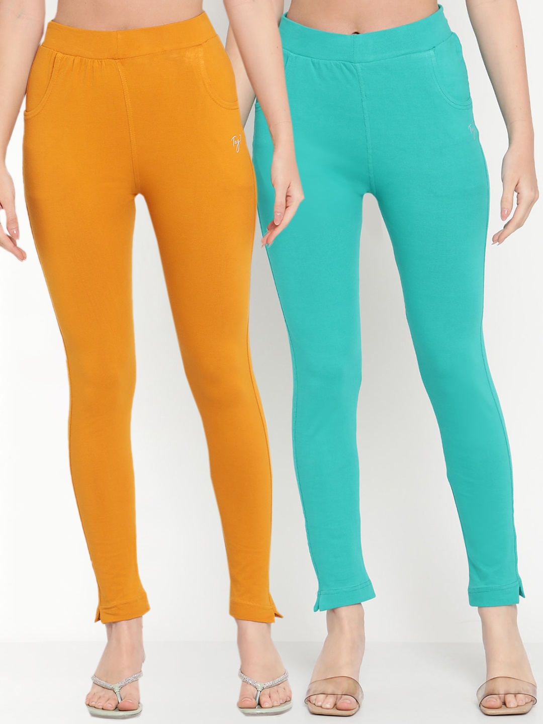 

TAG 7 Women Pack of 2 Mustard Yellow & Turquoise Blue Solid Kurti Pants