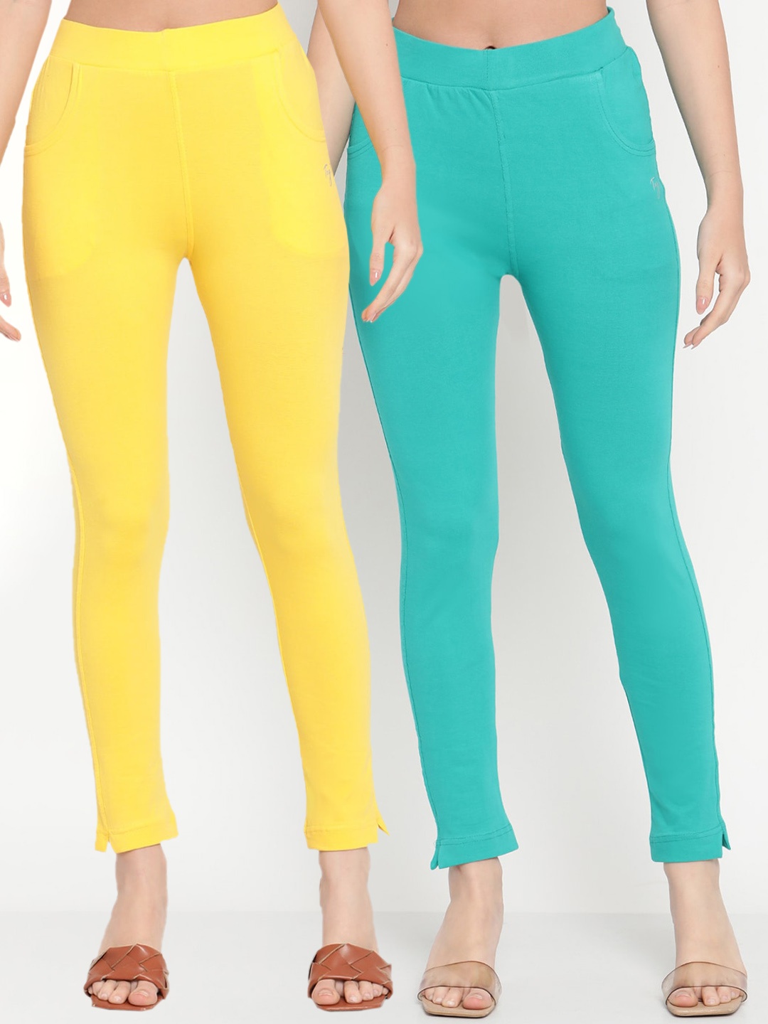 

TAG 7 Women Set of 2 Yellow & Sea Green Ankle-Length Leggings