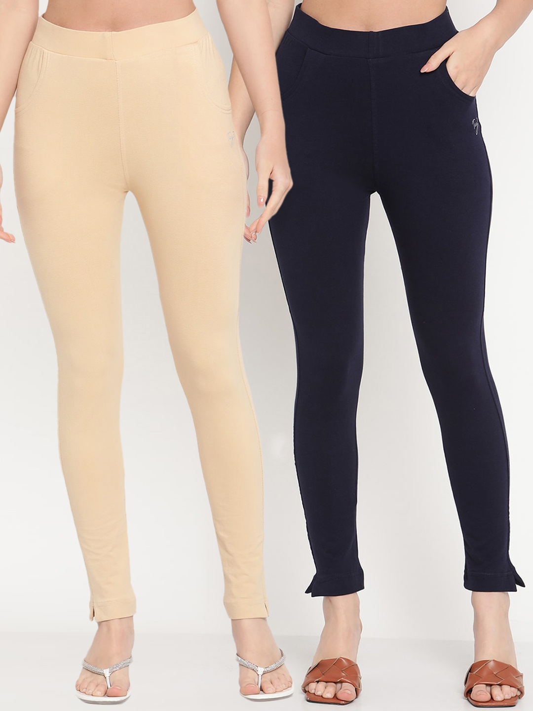 

TAG 7 Women Set of 2 Beige & Navy Blue Ankle Length Leggings