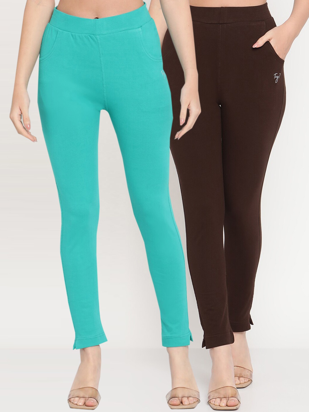 

TAG 7 Women Turquoise Blue & Brown Pack of 2 Straight Fit Ankle-Length Leggings