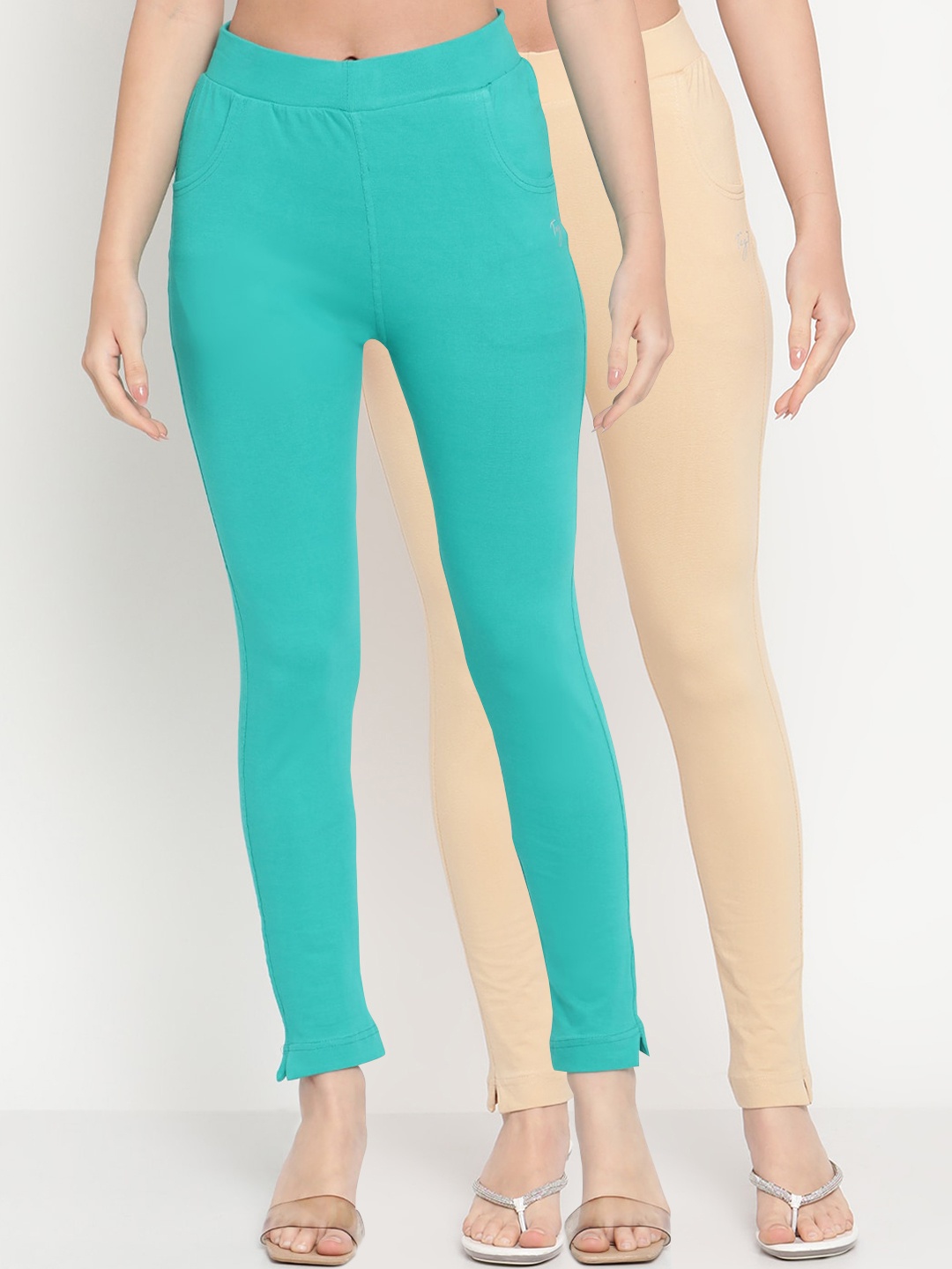 

TAG 7 Women Pack Of 2 Turquoise Blue & Beige Leggings