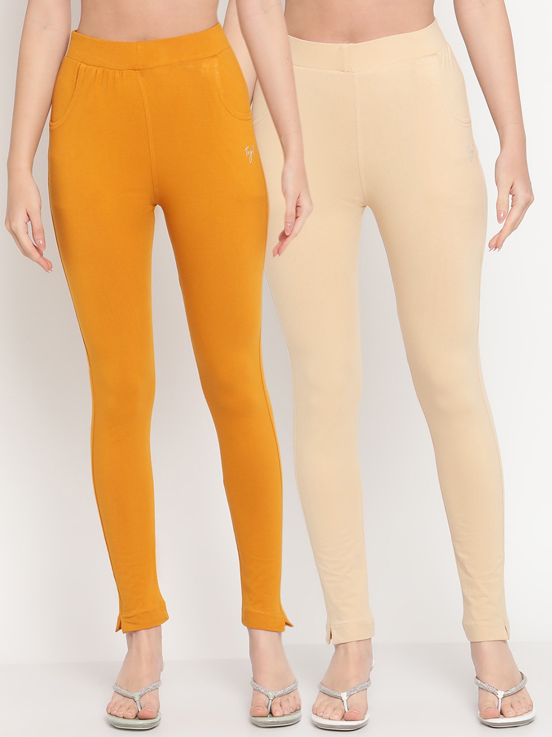 

TAG 7 Women Beige & Orange Pack of 2 Straight Fit Ankle-Length Leggings