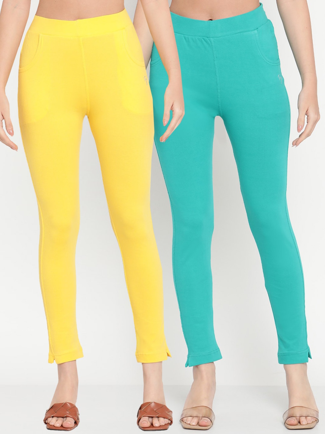 

TAG 7 Pack of 2 Turquoise Blue & Yellow Ankle length Leggings
