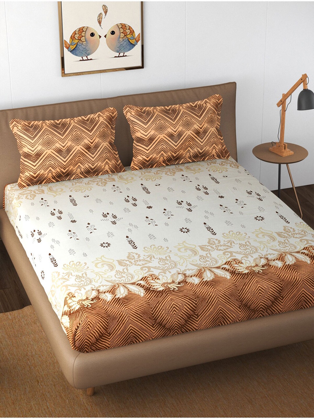 

Florida Brown & Cream-Coloured Ethnic Motifs 210 TC Cotton Fitted King Bedsheet with 2 Pillow Covers