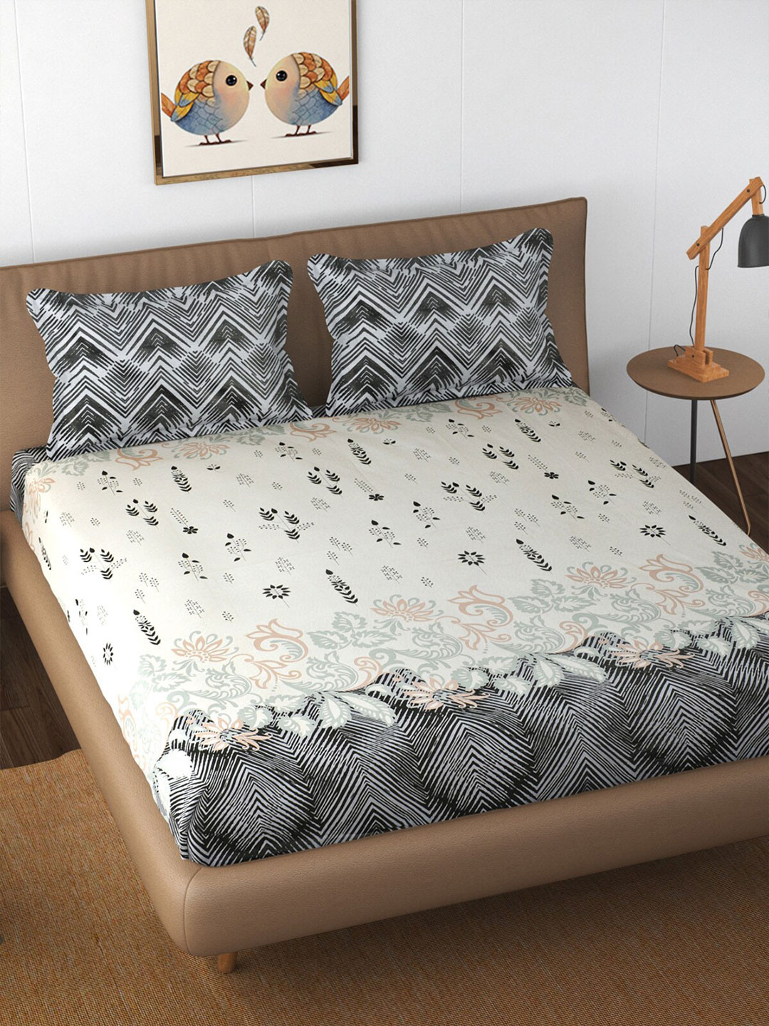 

Florida Grey & Off-White Ethnic Motifs 210 TC Cotton King Bedsheet with 2 Pillow Covers