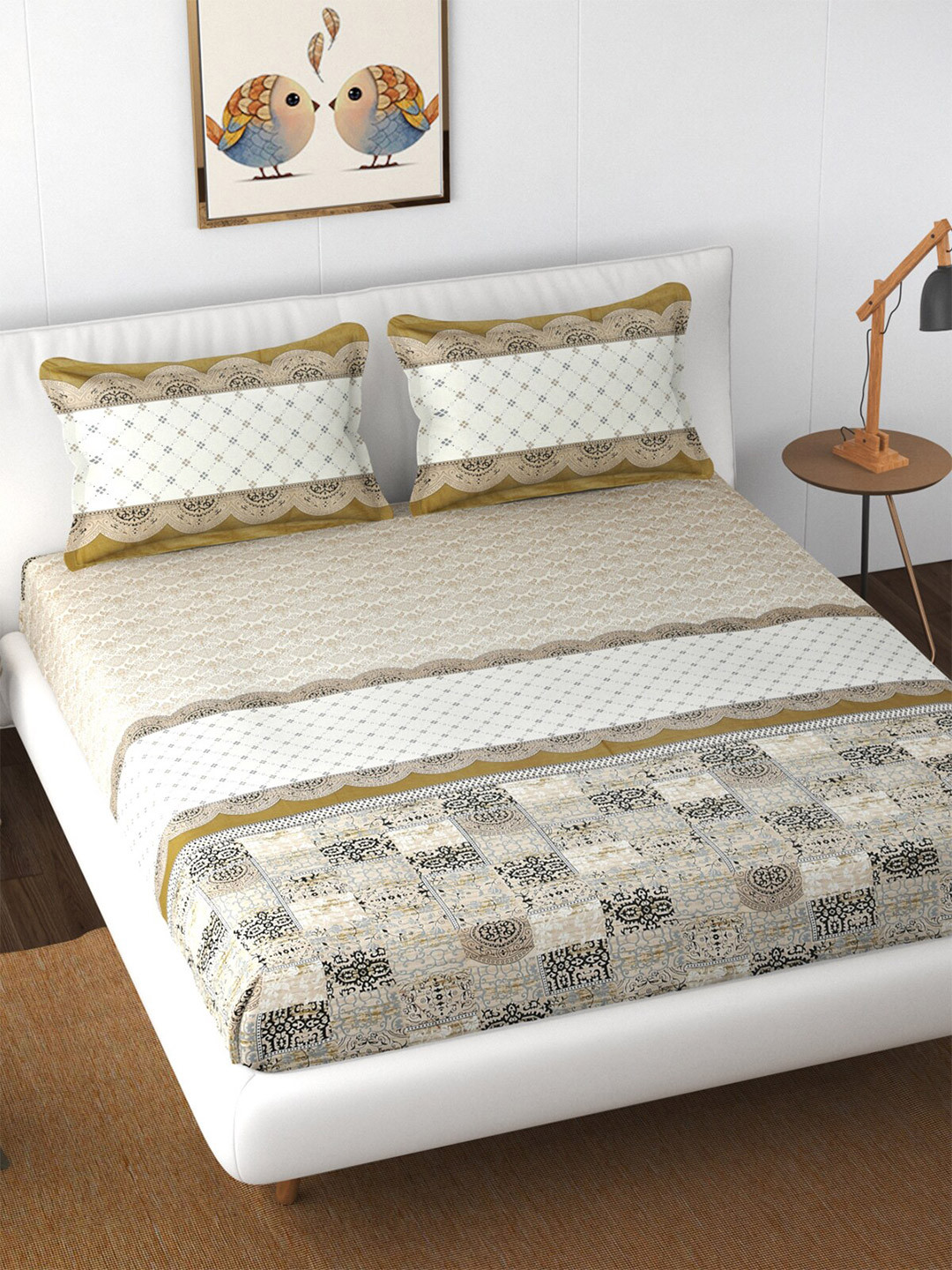 

Florida Green & Off White 210 TC King Ethnic Motifs Cotton Bedsheet with 2 Pillow Covers