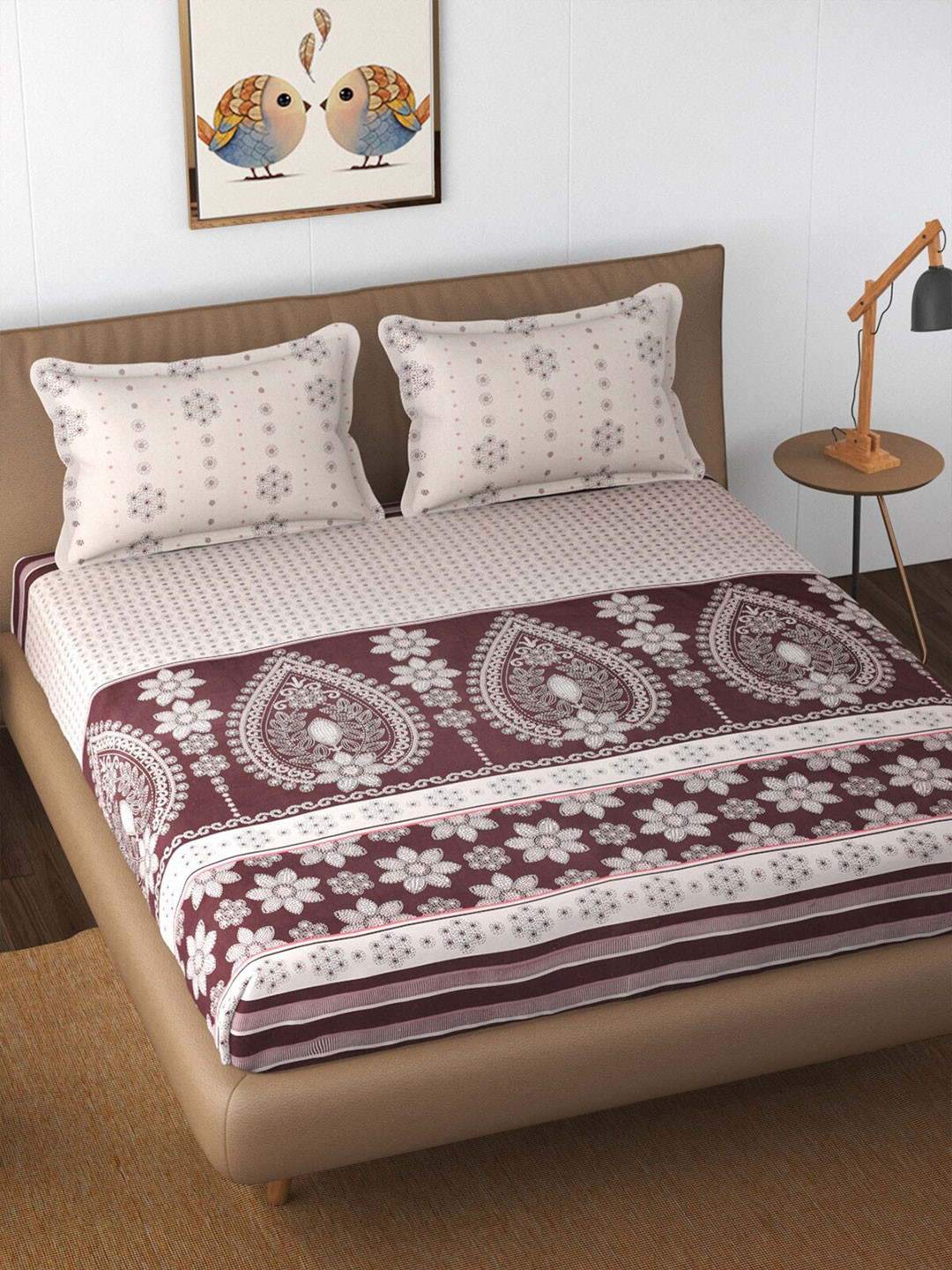 

Florida Purple & Beige Printed Cotton Fitted 210 TC King Bedsheet with 2 Pillow Covers