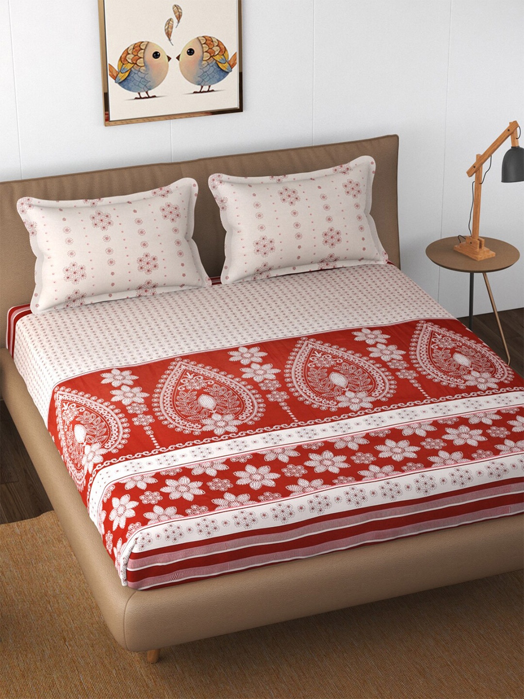 

Florida Maroon & Off-White Ethnic Motifs 210 TC Cotton King Bedsheet with 2 Pillow Covers