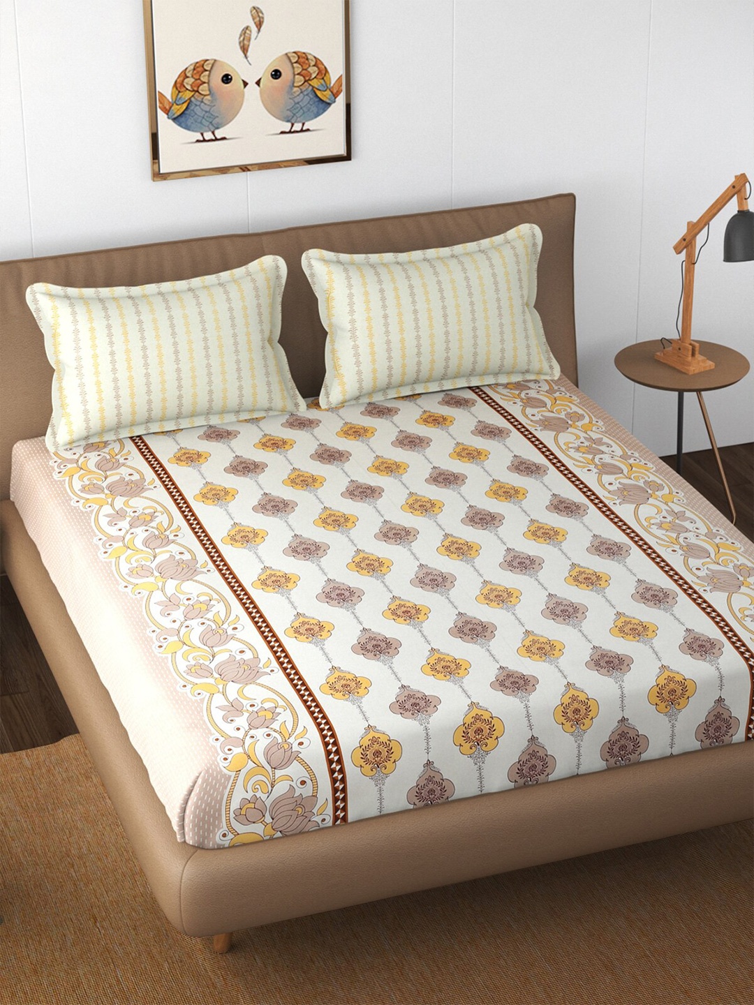

Florida Beige & White Ethnic Motifs 210 TC King Bedsheet with 2 Pillow Covers