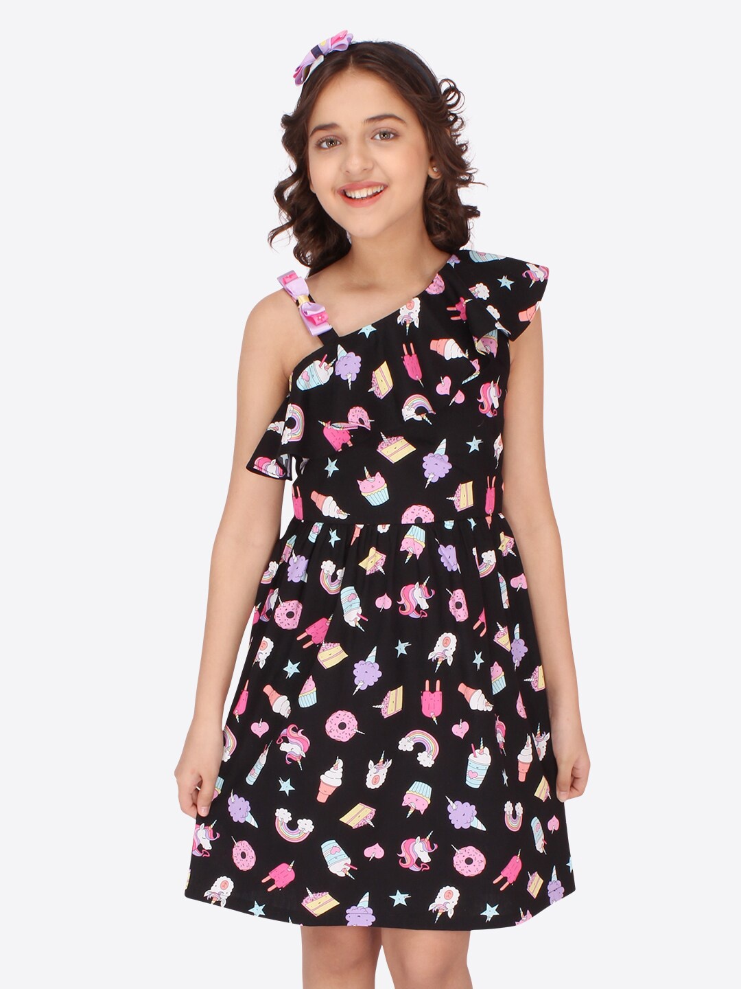 

CUTECUMBER Girls Black Floral One Shoulder Dress