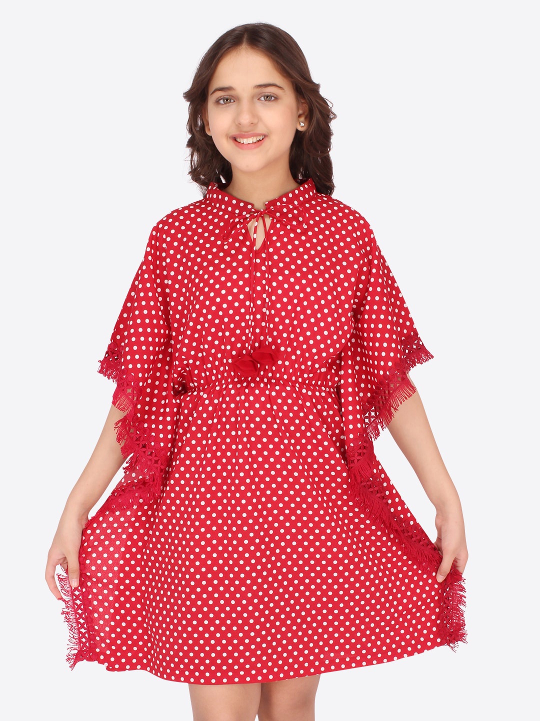 

CUTECUMBER Maroon Tie-Up Neck Georgette Kaftan Dress