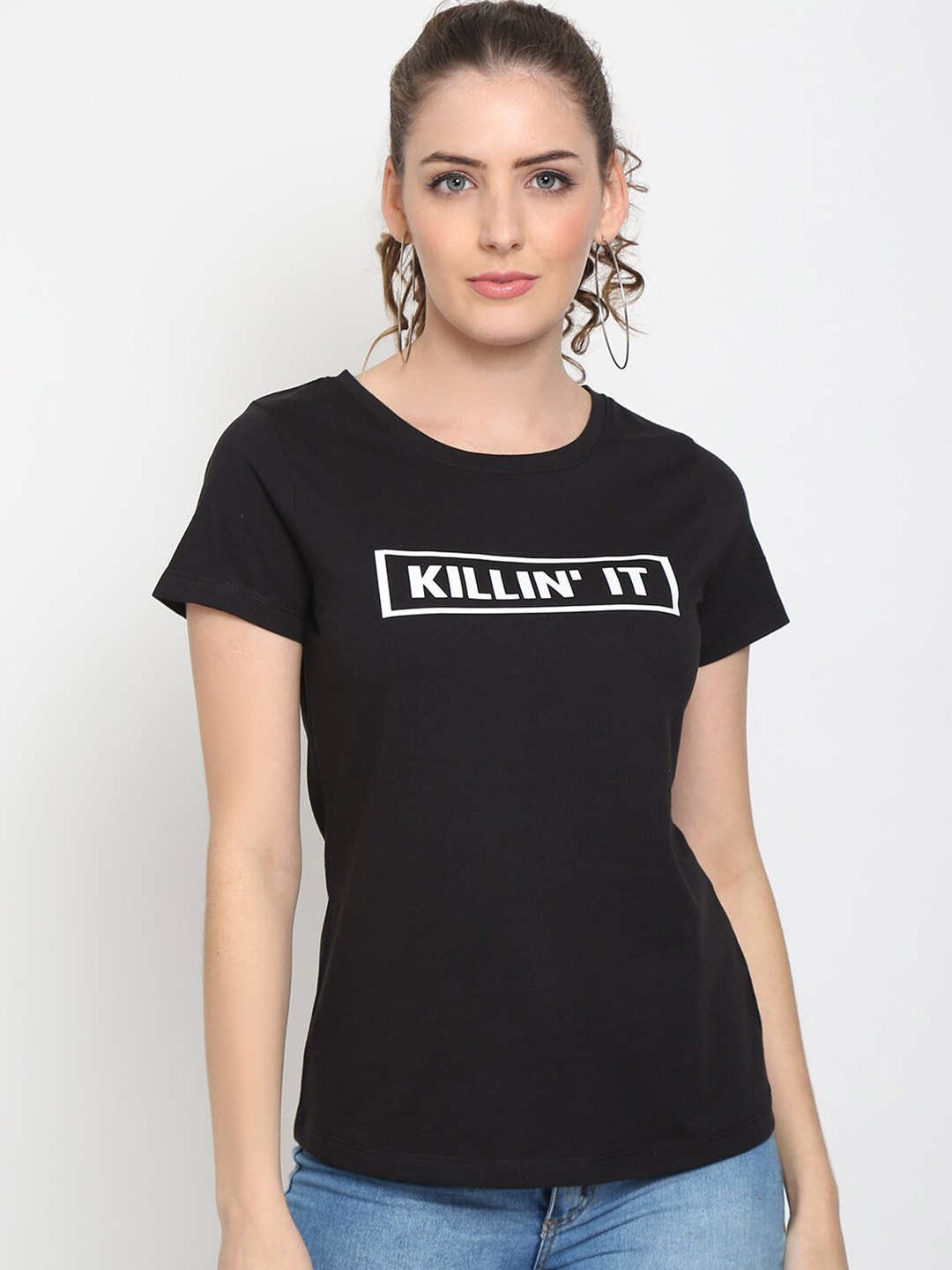 

UnaOne Women Plus Size Black & White Typography Printed Pure Cotton Slim Fit T-shirt
