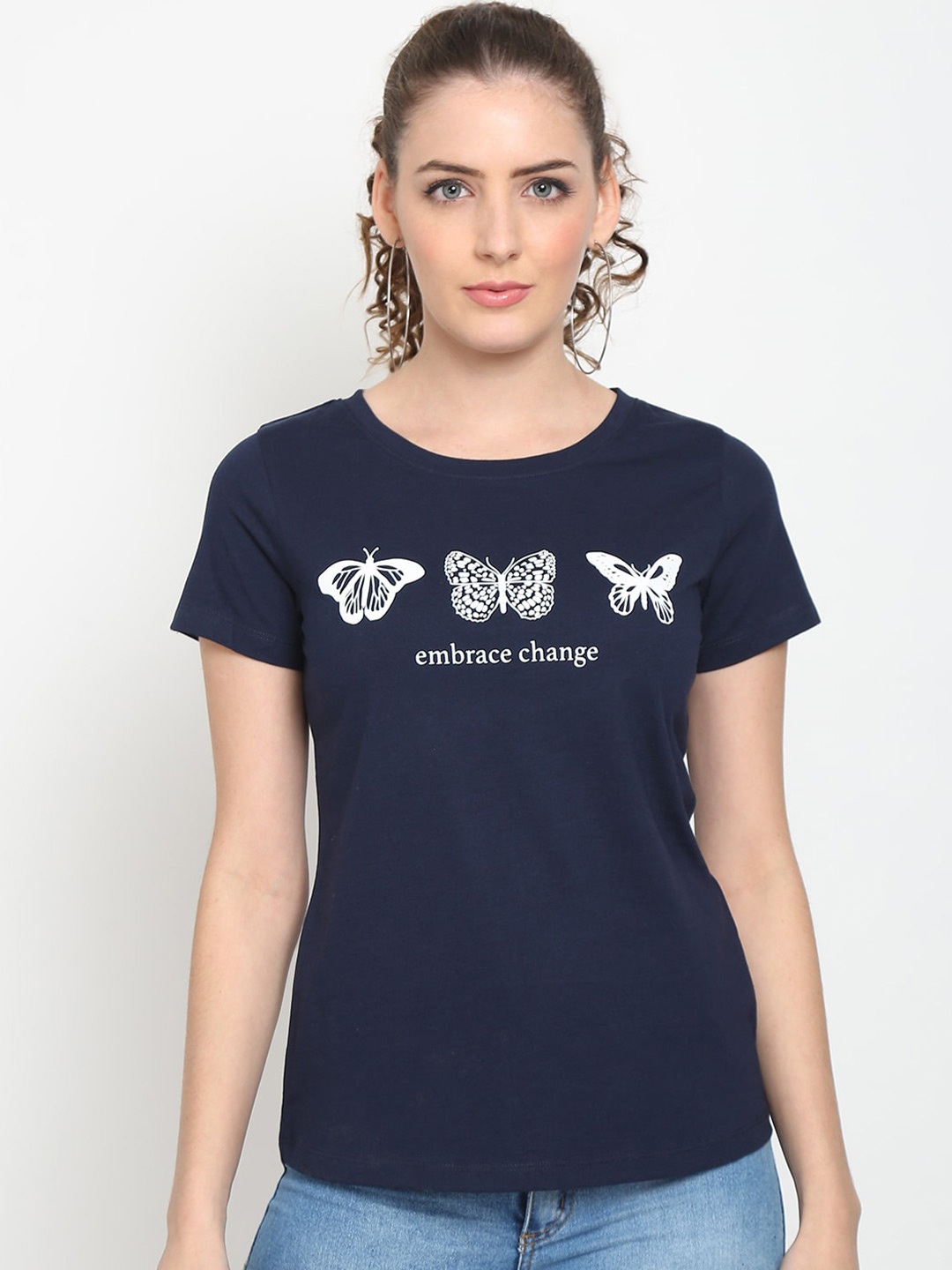 

UnaOne Women Blue Printed Cotton Slim Fit T-shirt