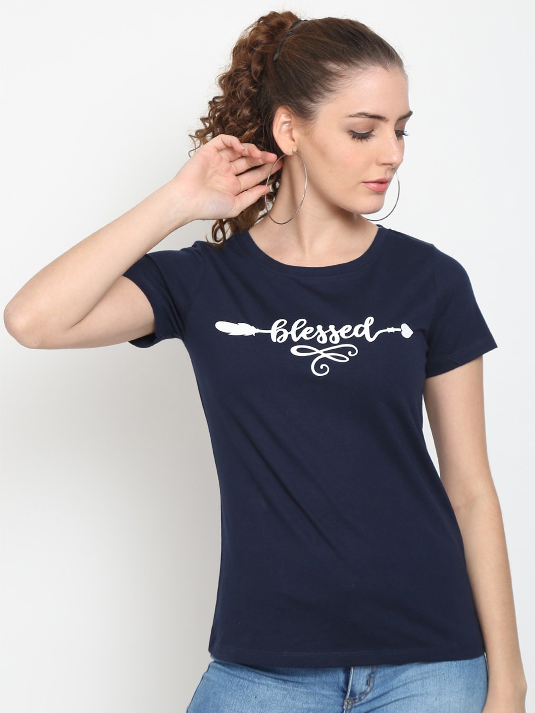 

UnaOne Women Plus Size Navy Blue Slim Fit Plus Size T-shirt
