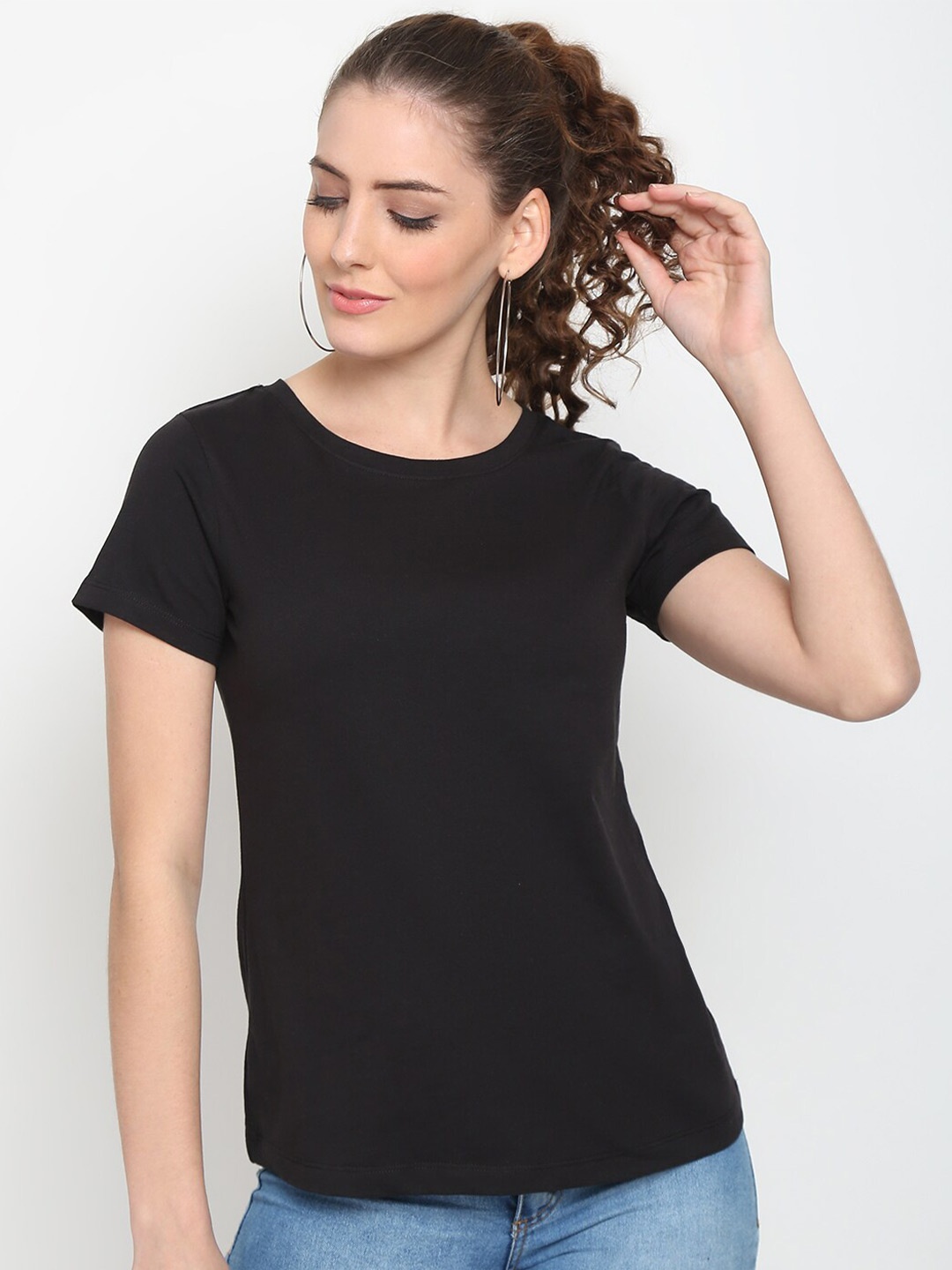 

UnaOne Women Plus Size Black Slim Fit Cotton T-shirt