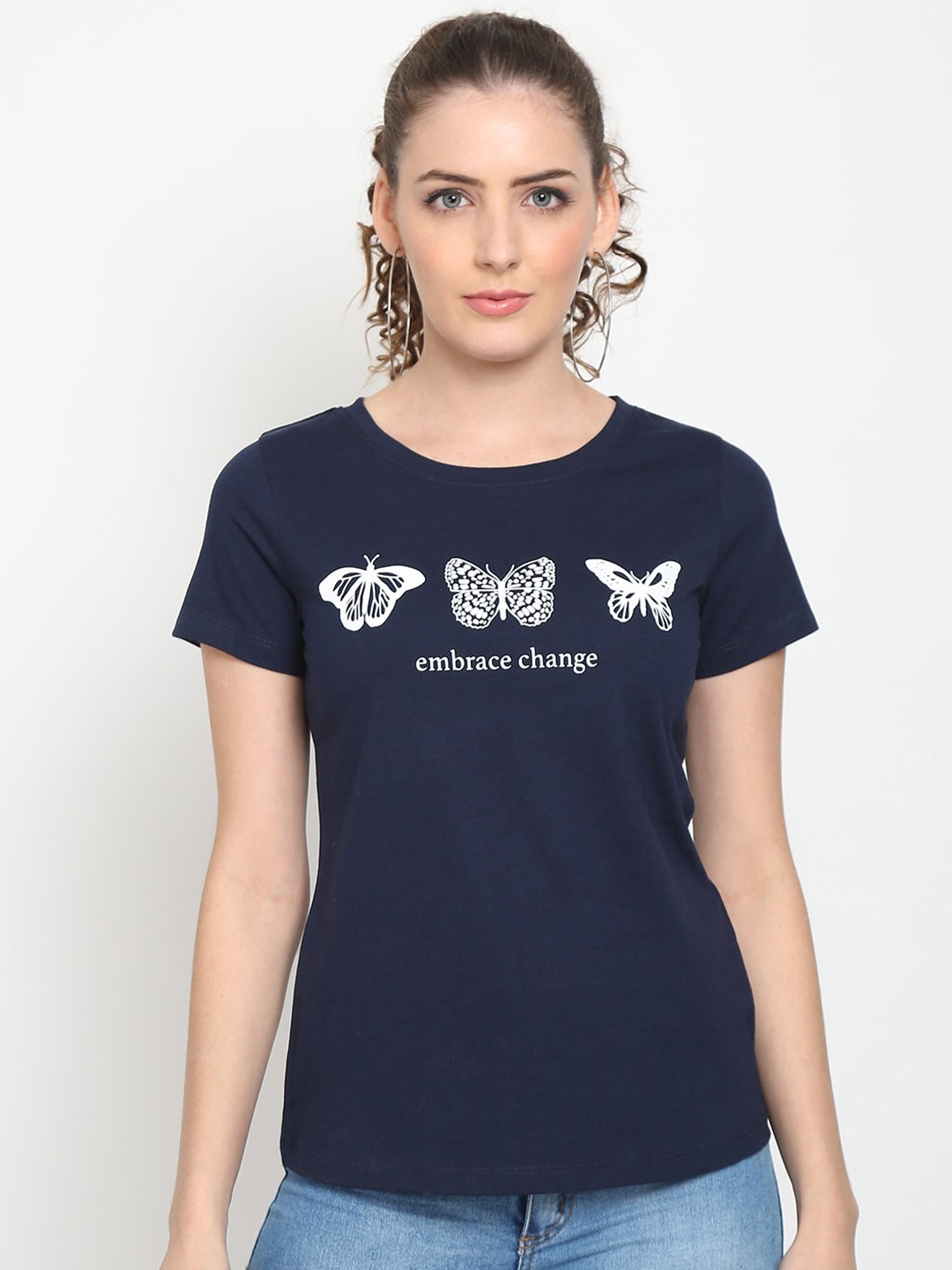 

UnaOne Women Plus Size Blue Graphic Printed Slim Fit T-shirt