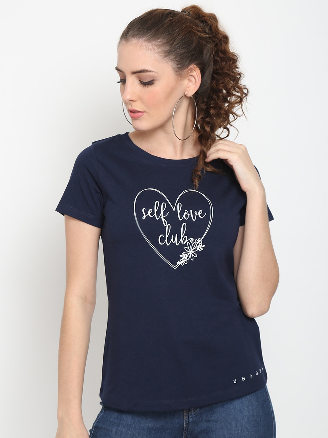 

UnaOne Women Blue Typography Printed Slim Fit Pure Cotton T-shirt