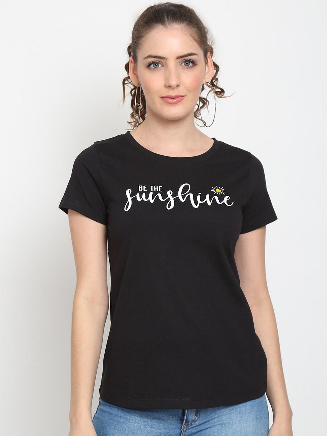

UnaOne Women Plus Size Black Typography Printed Slim Fit T-shirt