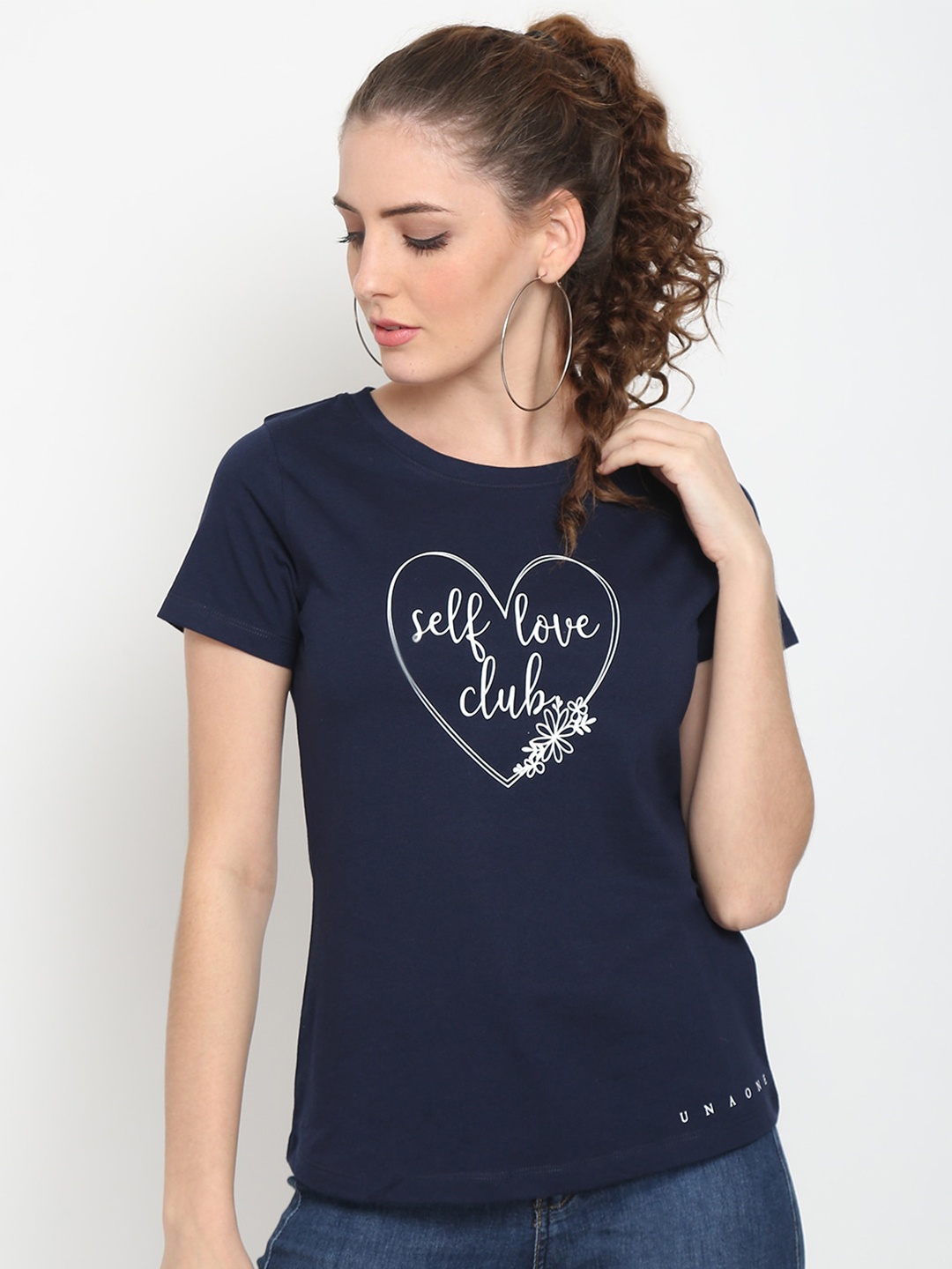 

UnaOne Women Blue Plus Size Typography Printed Slim Fit Cotton T-shirt