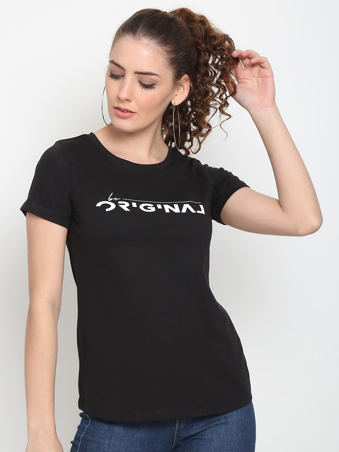 

UnaOne Women Plus Size Black Typography Printed Slim Fit Cotton T-shirt