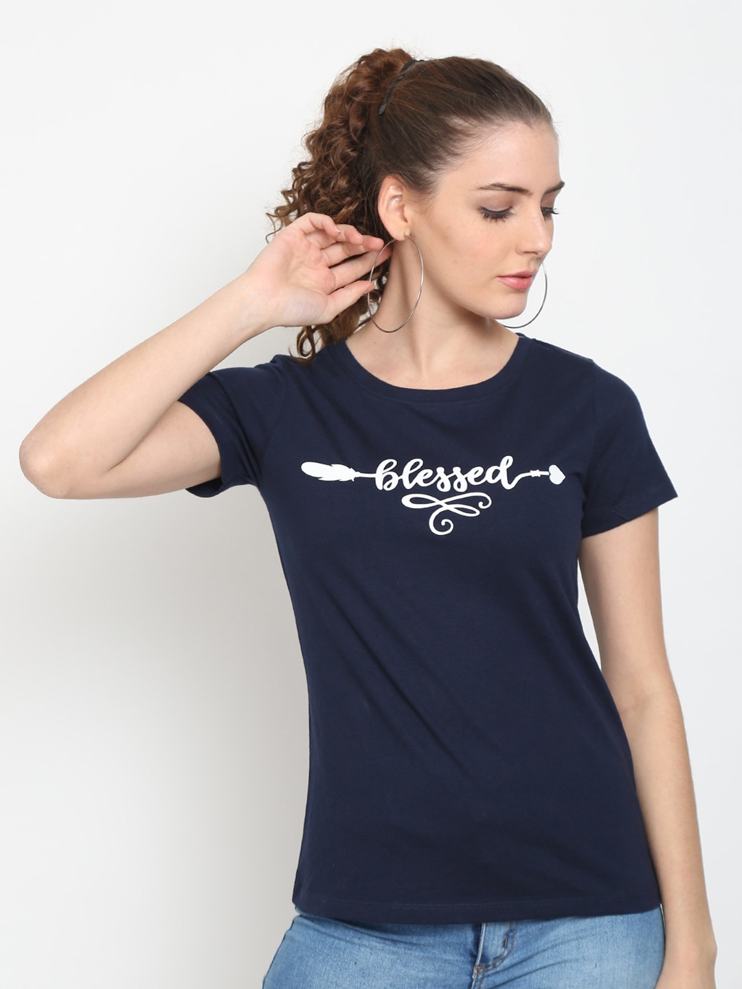 

UnaOne Women Blue & White Typography Printed Slim Fit Pure Cotton T-shirt