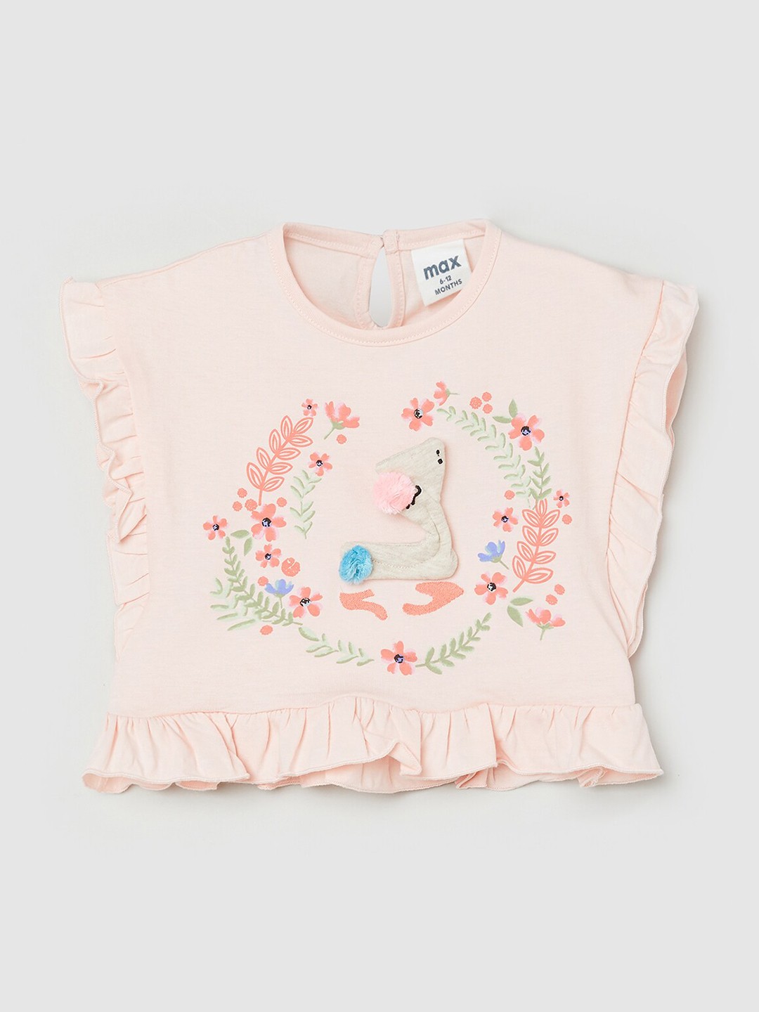 

max Girls Peach-Coloured Floral Print Ruffles Pure Cotton Top